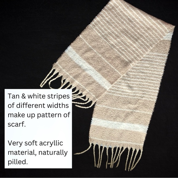 C’EST MOI ultra-soft neutral striped casual muffler scarf in tan & white acrylic - Picture 2 of 5
